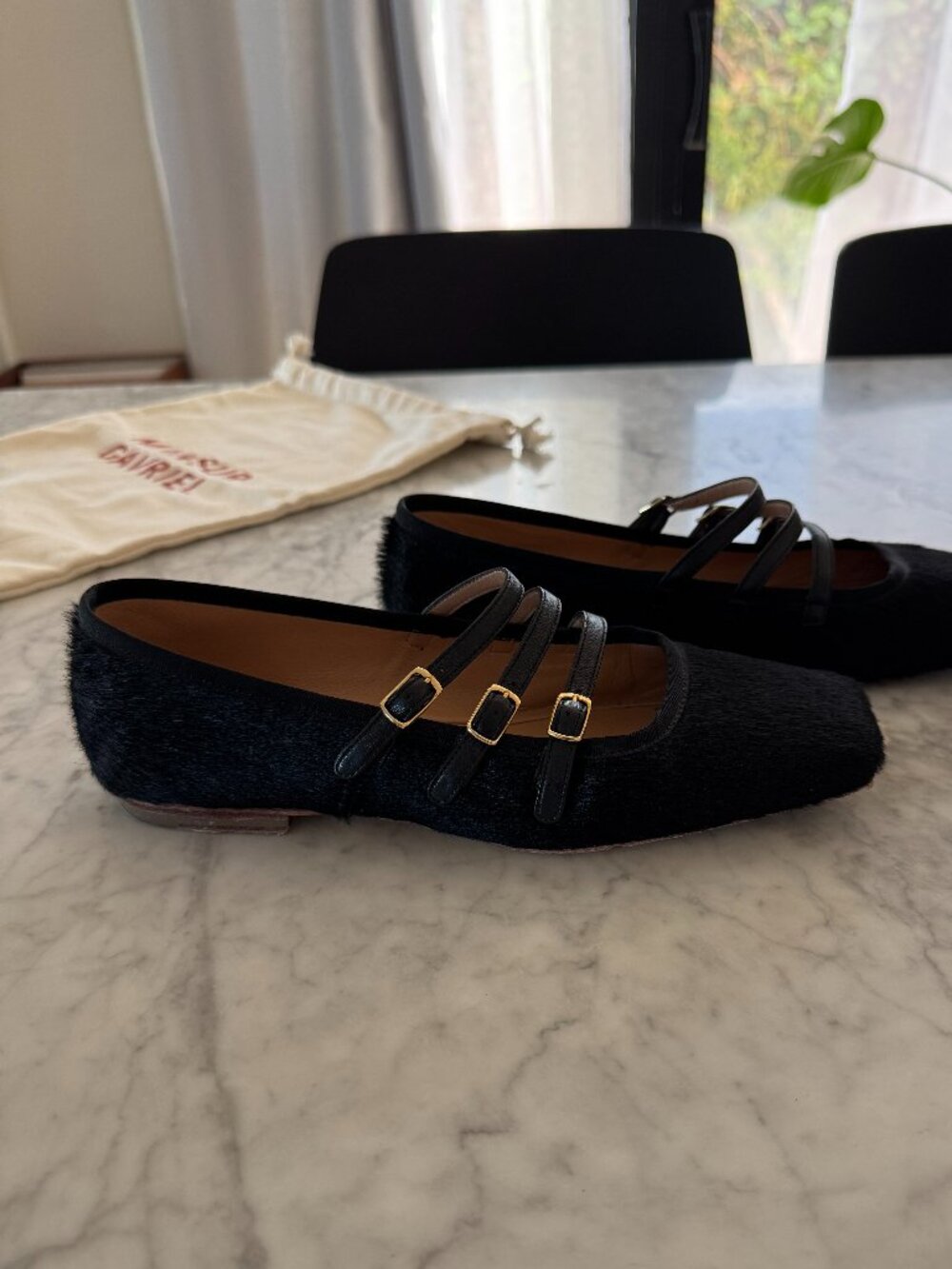 Mansur Gavriel Black Calf Hair Triple Strap Mary Jane Flats Size 8 / 38 - Picture 2 of 11